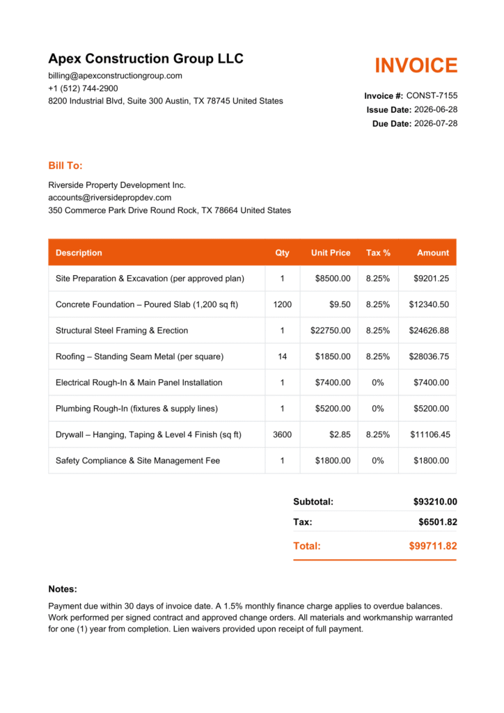 Construction Invoice Template